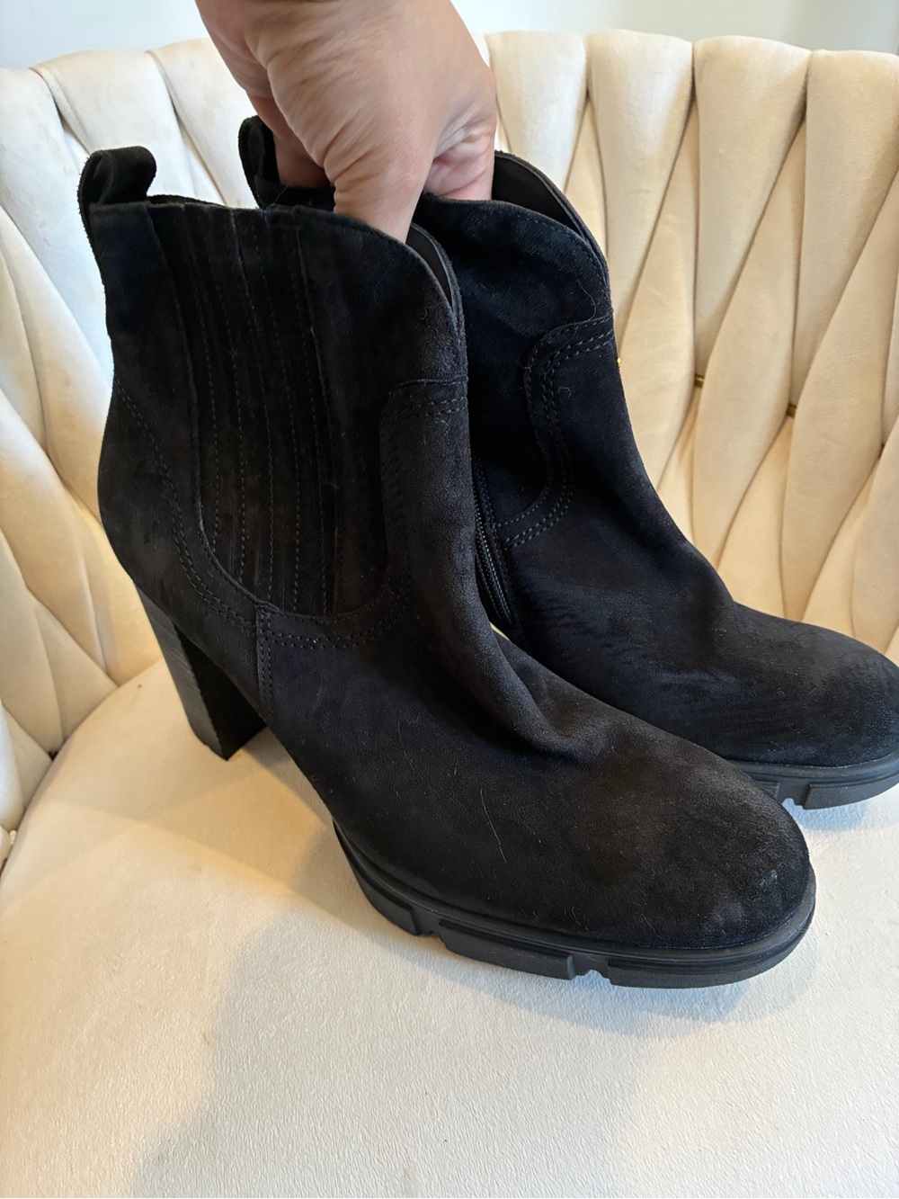 Paul Green Black Suede Ankle Booties with Block Heel